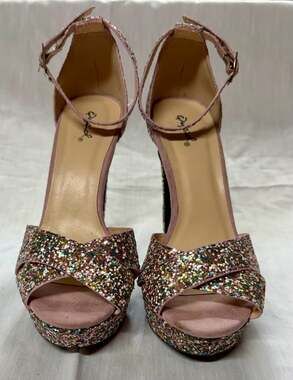 Qupid Women's Pink Multi-Colored Glitter Ankle Strap Platform Heels